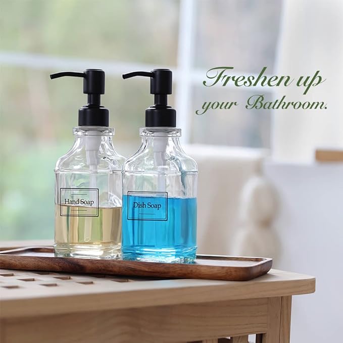 JASAI 2Pack Soap Dispenser with Rustproof Black Stain 304 Stainless Steel Pump, Stylish Hand soap Dispenser with 10Pcs Stickers, Refillable Glass Soap Dispenser for Kitchen & Bathroom.