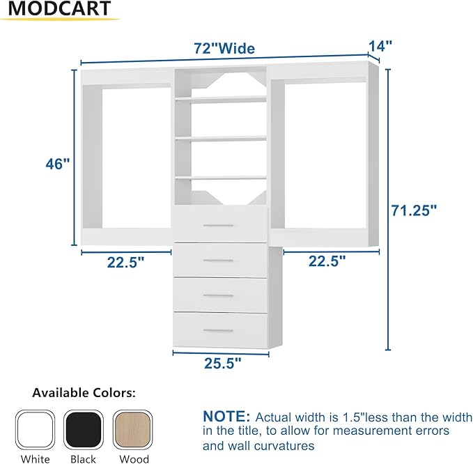 Modular Closet, 72" Wide Organizer with Hanging & Drawers, Wood Tower Storage for Walk-In Closets, Wall Mounted Wardrobe Organizer Kit, Bedroom, White