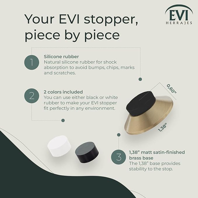 Evi Herrajes | Adhesive Door Stop | Wall Mounted | 1,37x0,59" | Matt Brass | Conical Shape | Two Rubbers Included | Adhesive or Screw Installation