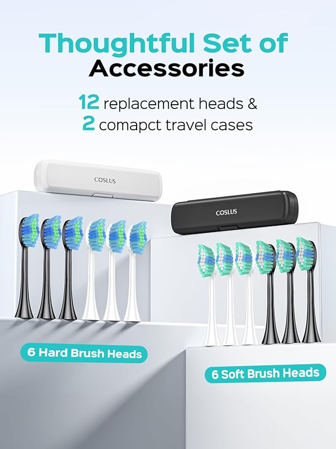 COSLUS C40 Sonic Electric Toothbrush for Adults: 47000 VPM for Deep Cleaning & Whitening with Travel Case - 5 Modes for Sensitive Teeth & Braces, Wireless Charging, 6 Brush Heads, Black & Pink (2PCS)