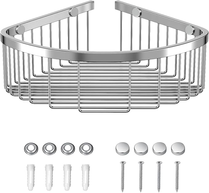 TENOVEL Shower Basket Brushed Stainless Shower Corner Shelf, Caddy Stainless Steel Rustproof, Organizer Wall Mounted Basket(Includes Screws)