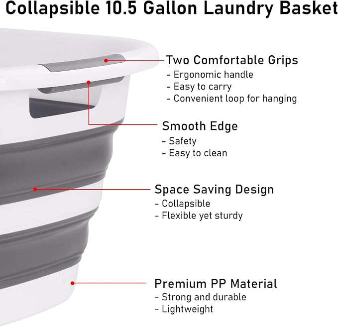Collapsible Laundry Basket 40L(10.5 Gallon) – Plastic Foldable Pop-Up Hamper with 2 Grip Handles for Dorm Bedroom Bathroom