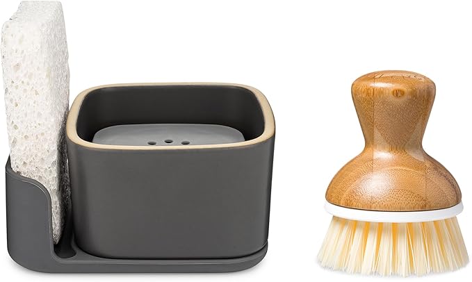 Full Circle Bubble Up Combo — Family Safe, Formaldehyde-Free – Gray Ceramic Soap Dish with Plant-Based Sponge & Bamboo Dish Brush – Versatile Kitchen Scrub Brush Set for Pots, Pans, Counter & Ovens