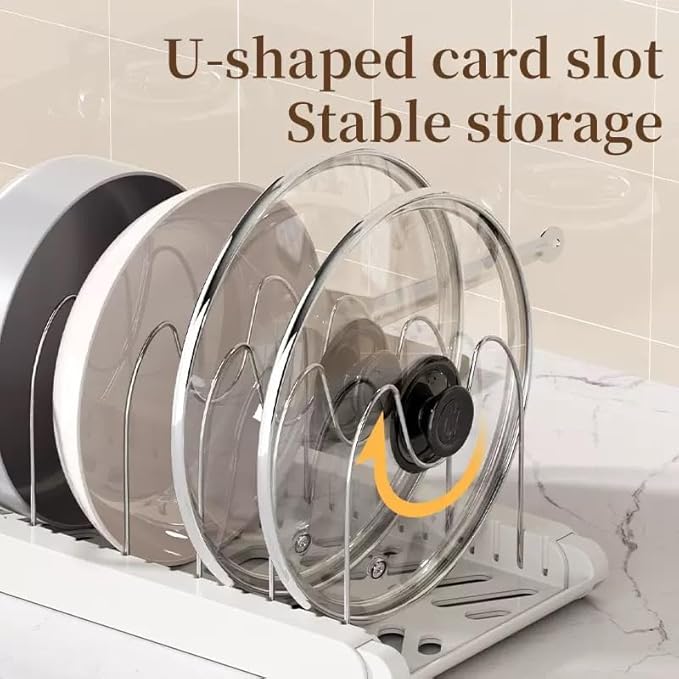 Expandable Pot Organizer with 7 Adjustable Dividers for Kitchen Cabinets, Baking Dishes, Bakeware, Pot Lids and Pantry Countertops (White)