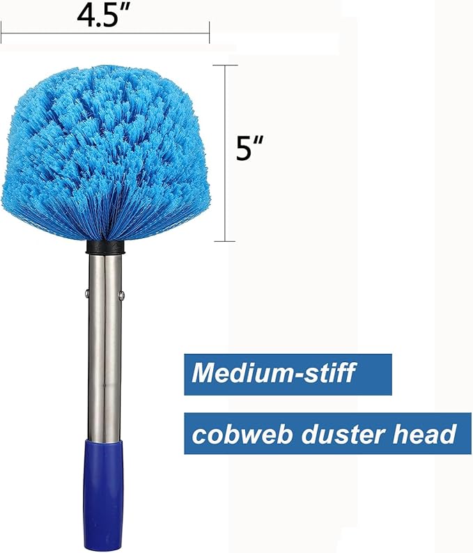 Cobweb Duster with Pole, 4ft Stainless Steel Pole Cobweb Brush with Medium-Stiff Bristles for Walls Beams Shelves Iight Fixtures and Window Screens