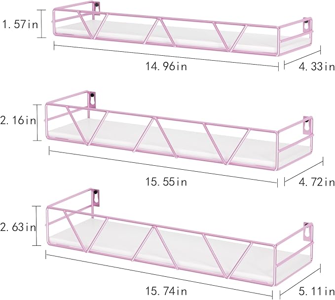 Floating Shelves Set of 3, Home Wood Wall Shelf, Farmhouse Shelf for Bedroom, Wall Mounted Floating Shelf for Living Room, Bedroom, Bathroom, Kitchen, Office (Pink)
