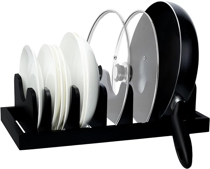 MinBoo Bamboo Pot Lid Organizer Pot Lid Holder, Pot and Pan Organizer Drawer Organizer for Pot Lids, Pans, Cutting Boards & Baking Sheets, Dinner Plates, Reusable Containers in Cabinet Storage,Black