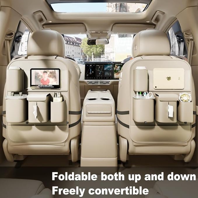 GMQ Backseat Car Organizer with Touch Screen,Protectors Kick Mats Travel Accessories for Kids,Multifunctional Seat Back Organizer Car Travel Organizer Accessories (Beige, 1PC)