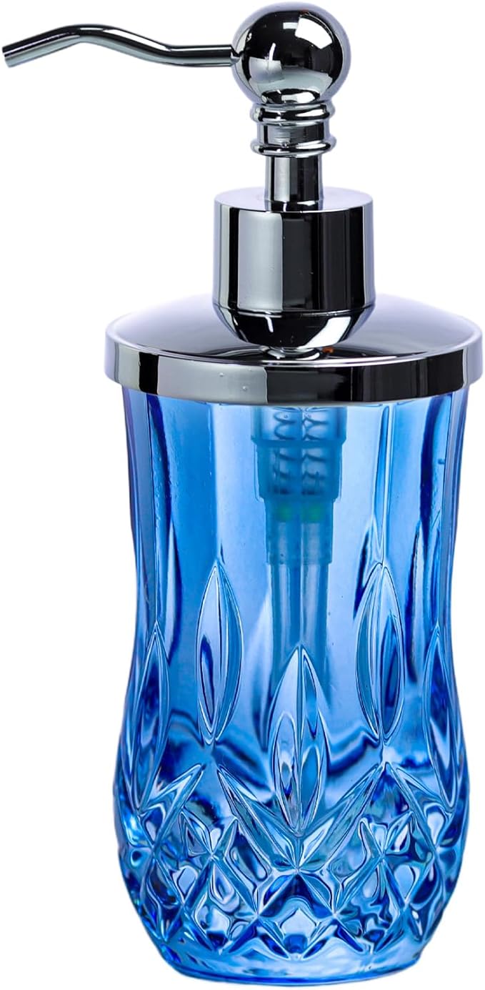 9Oz Blue Glass Soap Dispenser with Silver Pump,Lead-Free Thick-Cut Glass,Countertop Soap Dispensers for Bathroom & Kitchen,Round