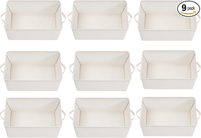 Storage Basket Bins with Metal Frame, Large Collapsible Fabric Storage Baskets for Organizing Shelf, Basket Organizer W/Handles for Blankets, Towels, Laundry, Shelves, 9-Pack, Beige