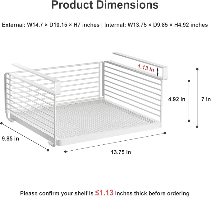 Under Shelf Storage Basket, Hanging Wire Basket with 1.13 Inches Thick Clips for Kitchen, Pantry or Laundry Room, Under Cabinet or Desk Storage Organizer, White, 2 Pack