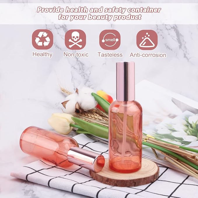 6 Pack 3.4 Oz Pink Glass Spray Bottles,Empty Perfume Fine Mist Atomizer,Refillable Travel Liquid Holder Containers for Cleaning Products,Essential Oils,Body Sprays-Rose-Golden Sprayer