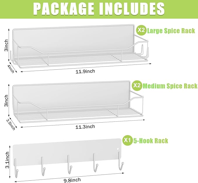 Magnetic Spice Rack for Refrigerator, 5 Pack Metal Strong Magnet Spice Organizer Shelves with Hook Rack, Space Saving Magnetic Fridge Shelf for Home Kitchen Organization and Storage (White)