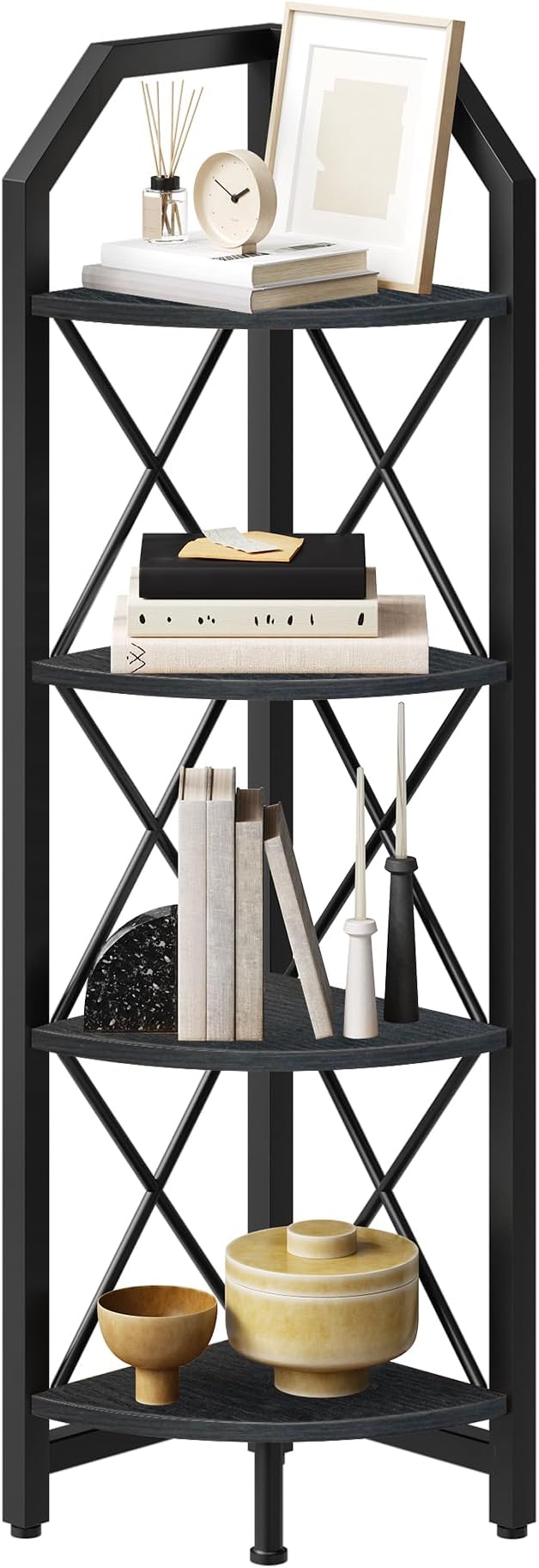 4-Tier Corner Shelf, Industrial Corner Bookshelf, 47.6" Corner Storage Stand, Plant Stand Display Shelf, Corner Bookcase for Bedroom, Living Room, Home Office, Black TCJ09BB