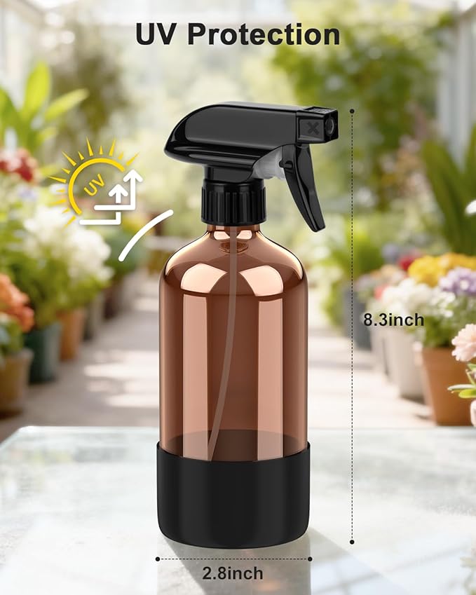 Amber Glass Spray Bottle with Silicone Sleeve Protection, 16 oz Refillable Spray Bottle for Cleaning Solutions, Plants, Aromatherapy, Facial Hydration (Black Sleeve(Amber Bottle)