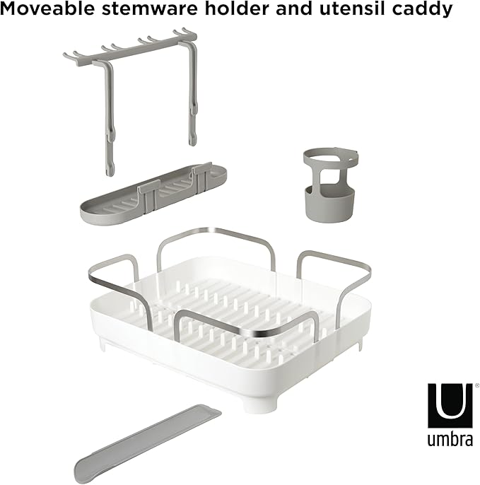 Umbra Holster Dish Rack– Molded Plastic Dish Drying Rack with Drainage Spout, White
