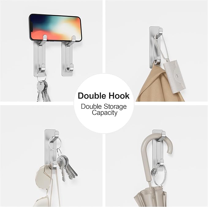 pickpiff Wall Hooks for Coat and Towel: 13LB Strong Adhesive Door Hanger Stick on, Silver 6 Pack