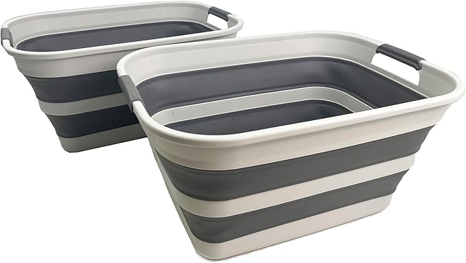 SMMART Collapsible Plastic Laundry Basket with Handle/Foldable Pop Up Storage Hamper/Portable Laundry Organizer-Space Saving Washing Tub/Household Storage Supplies (Grey/Steel Grey, 27L (Set of 2))