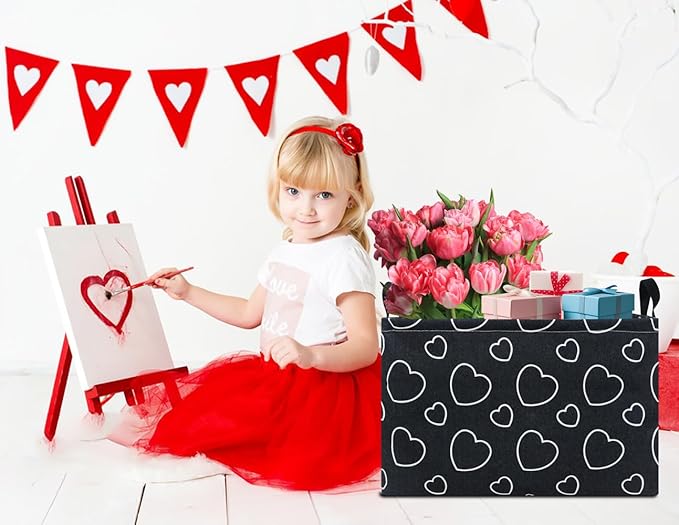 Rectangular Black Storage Basket Empty,Collapsible Gift Basket with Handles,Heart Print Basket for Kids Toys/Books Box,Room Decor(Black Love)