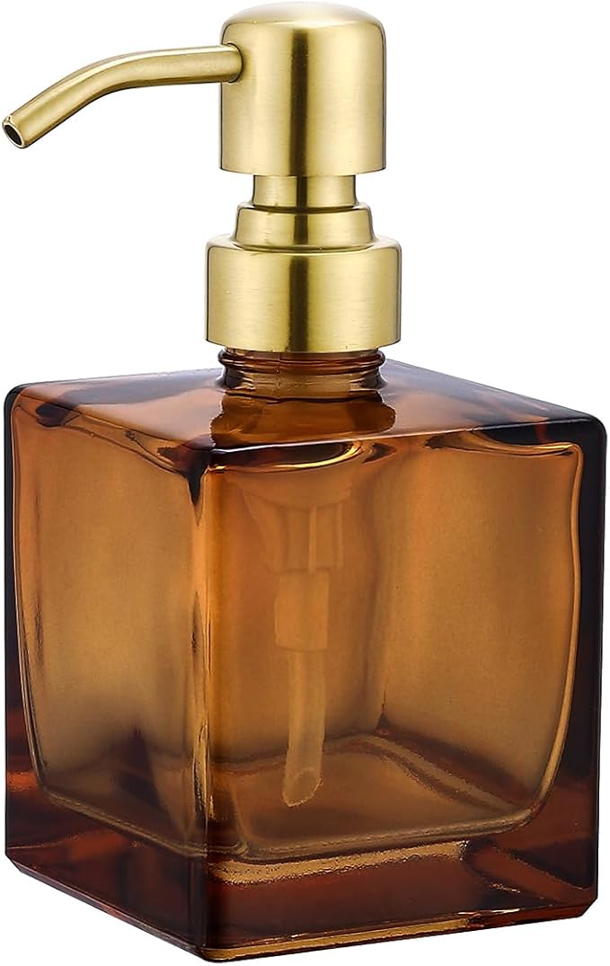 Square Bathroom Soap Dispenser Amber Bottle with Brushed Gold Pump, Retangle Cube 8.4 oz Glass Bottles with Stainless Steel Pump Hand Liquid Soap Dispenser Kitchen
