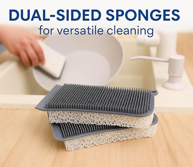 Silicone Sponge & Scrubber – 2-in-1 Non-Scratch Dishwashing for Dishes, Pots & Pans, Reusable Kitchen Sponge with Soft Bristles & Foam (Dual-Sided Design) (Gray/White)