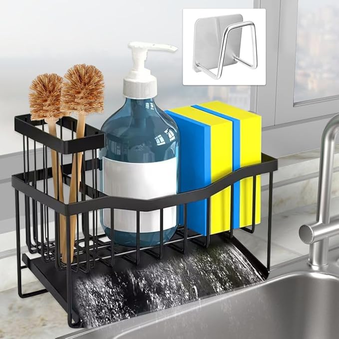 Rustproof Stainless Steel Sponge Holder for Kitchen Sink – small Sink Caddy Organizer with Rotating Drain Spout & High Brush Holder – No-Drip Kitchen Sink Organizer for Soap Dispenser.