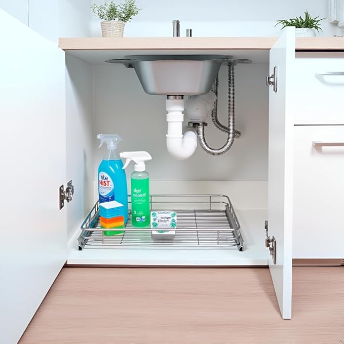 JOWBOOW Sliding Cabinet Organizer Pull Out Shelves (11" W x 21" D), Heavy-Duty Slide Out Shelf, Steel Metal Cabinet Roll Out Shelves for Kitchen Bathroom, Chrome