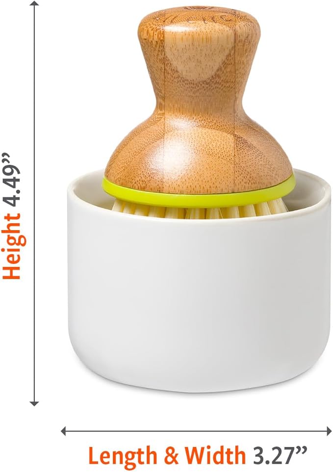 Full Circle Bubble Up Bamboo Dish Brush & Ceramic Soap Dispenser – Family Safe, Formaldehyde-Free – Kitchen Scrub Brush for Dishes, Nonstick & Cast Iron, White