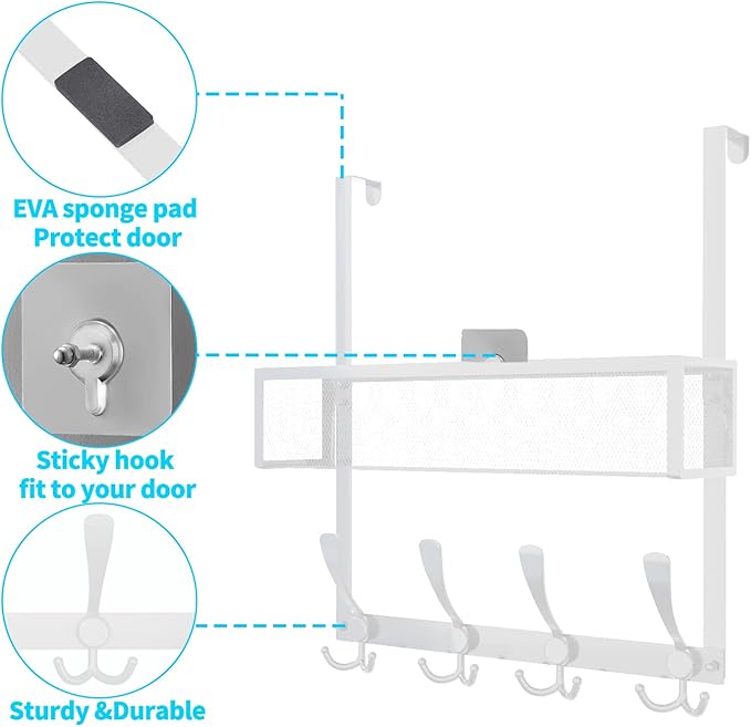 Kaiferty Over The Door Hooks Organizer,Over Door Hanger Towel Rack Mesh Basket with 12 Hooks,Back of Door Storage Organizer for Bedroom,Bathroom,Kitchen,Office(White)
