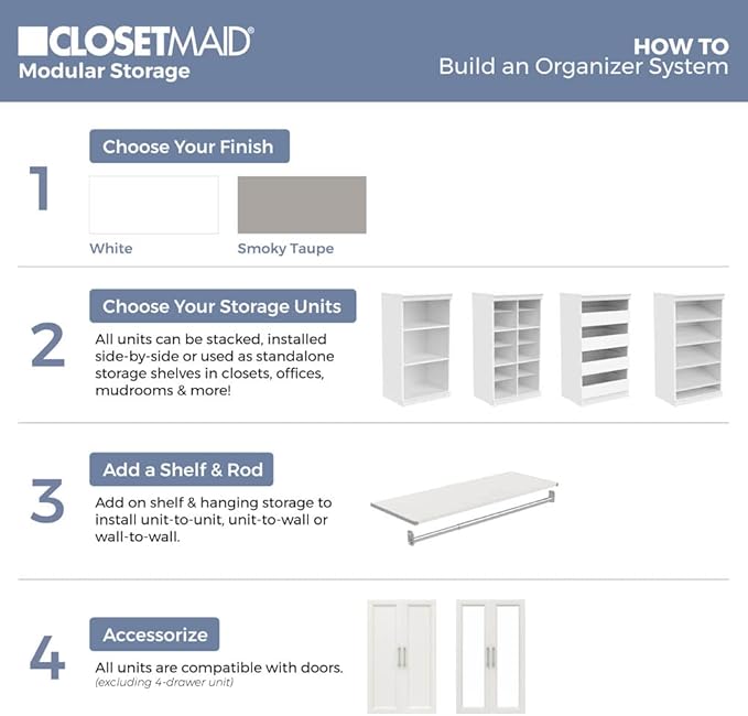 ClosetMaid Modular Storage Unit with 4 Drawers, Wood Closet Organizer, Stacking, Full Backer, Storage, Decorative Trim, White