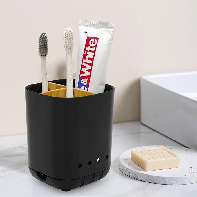 Toothbrush Holder with Bamboo Divider,Detachable for Easy Cleaning Bathroom Countertop Organizer,Plastic 3 Slots Electric Toothbrush and Toothpaste Holders Storage Caddy for Bathroom Vanity,Sink-Black