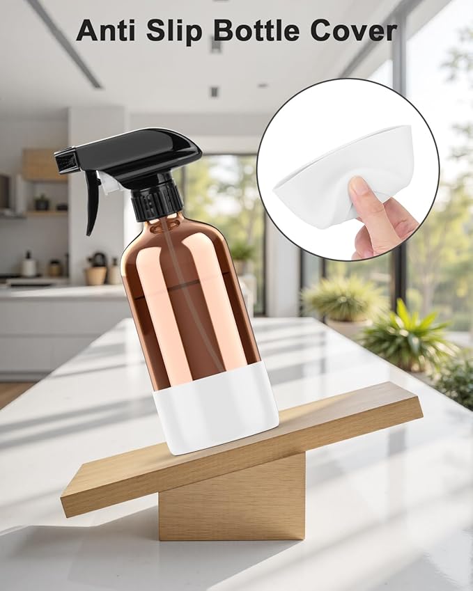 Amber Glass Spray Bottle with Silicone Sleeve Protection, 16 oz Refillable Spray Bottle for Cleaning Solutions, Plants, Aromatherapy, Facial Hydration (White Sleeve(Amber Bottle)