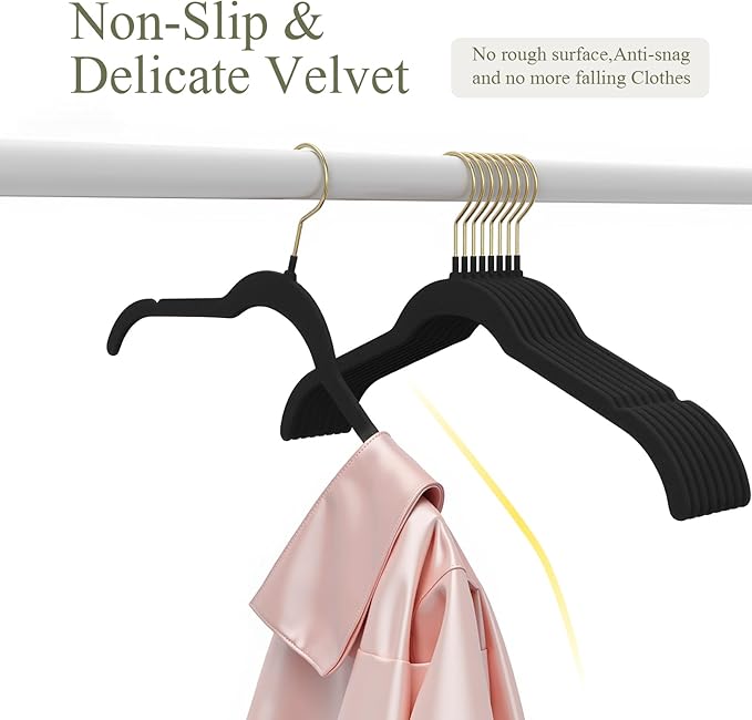 Korpai 30 Pack Black Velvet Shirt Hangers,Felt Hangers Non Slip,Heavy-Duty,Space Saving,Slim Velvet Hangers with Gold 360°Swivel Hook for Coats,Strappy Dresses,Shirts Sweater ect