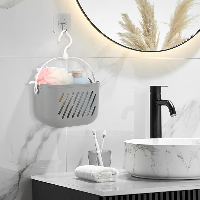 DECHOUS Small Plastic Hanging Storage Basket with 360 Rotation Hook - Grey Hanging Shower Caddy Basket for Bathroom Shampoo, Kitchen Essentials Organizer