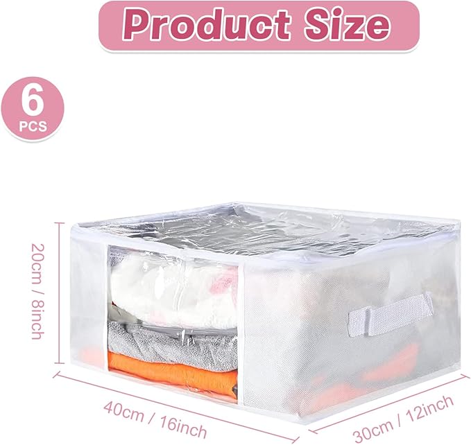 6pcs Clear Clothes Storage Bags, Large Clear Zippered Storage Bags with Reinforced Handles, 25L Plastic Clothes Containers Fabric Blanket Organizer for Bedding