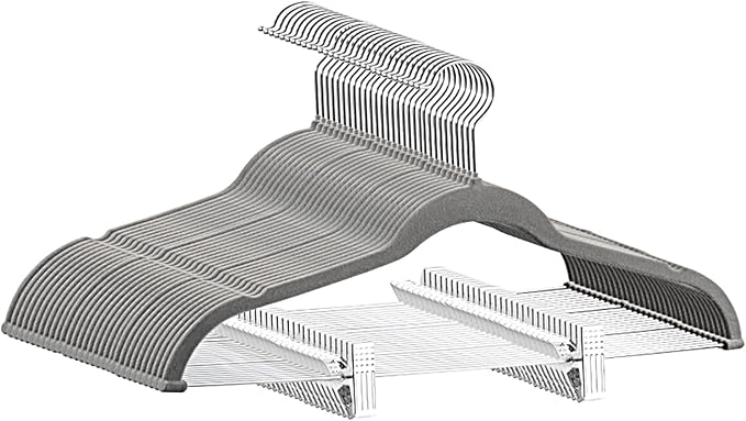 Velvet Pants Hangers Pack of 24, Non-Slip Skirt Clothes Trousers Hangers with Adjustable Clips, 360 ° Swivel Hooks Grey/Silver
