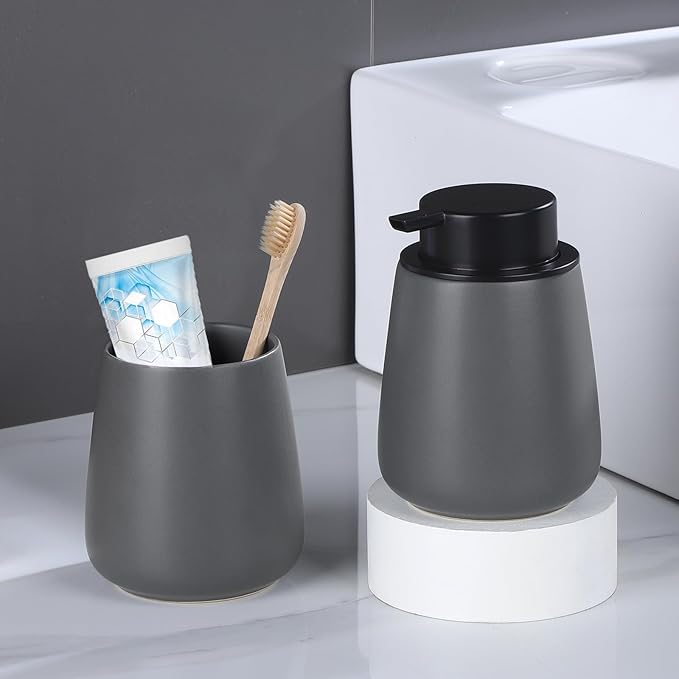 12Oz Grey Foaming Soap Dispenser - Ceramic Foam Hand Soap Dispenser Set with Easy-to-Press Pump, Refillable Liquid Dish Soap Dispensers for Bathroom and Kitchen, 2 Pack