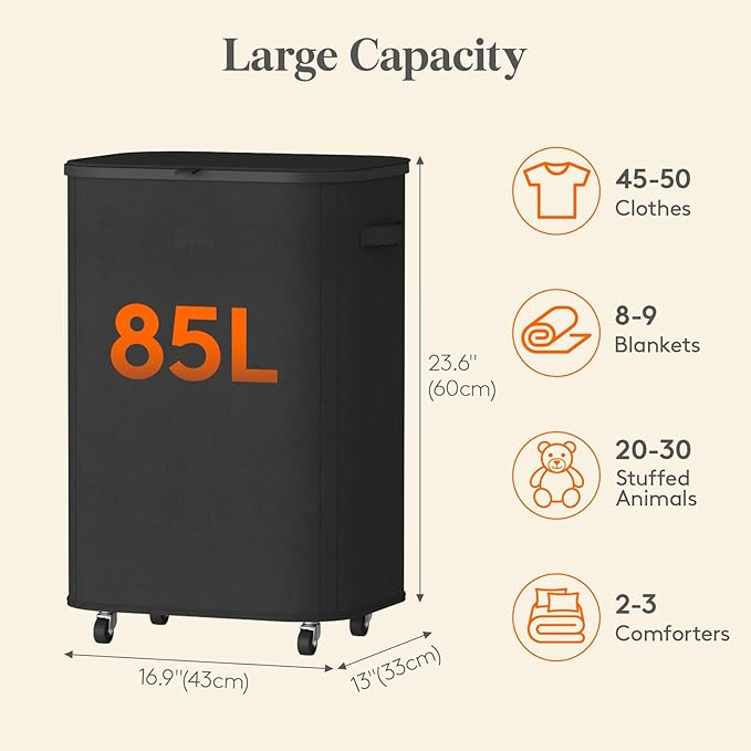 Lifewit 85L Plastic Laundry Basket with Lid, Large Clothes Hamper with Wheels and Removable Bag, Tall Collapsible Rolling Storage Bin for Dorm Bedroom Bathroom, Black