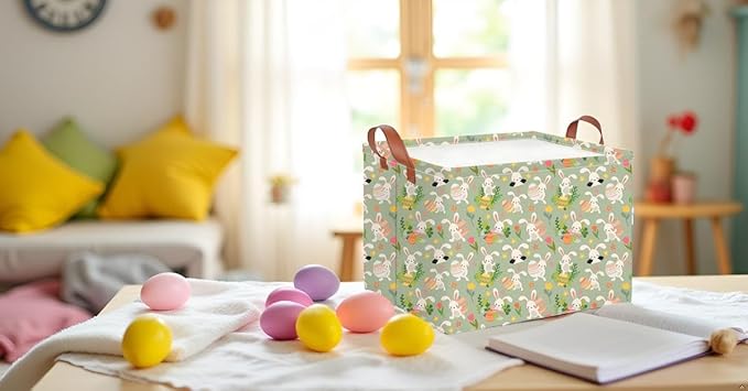 CLOCOR Rectangular Easter Gift Basket Empty,Waterproof Storage Basket with Handles,Room Decor(Pink Flower Easter Egg)