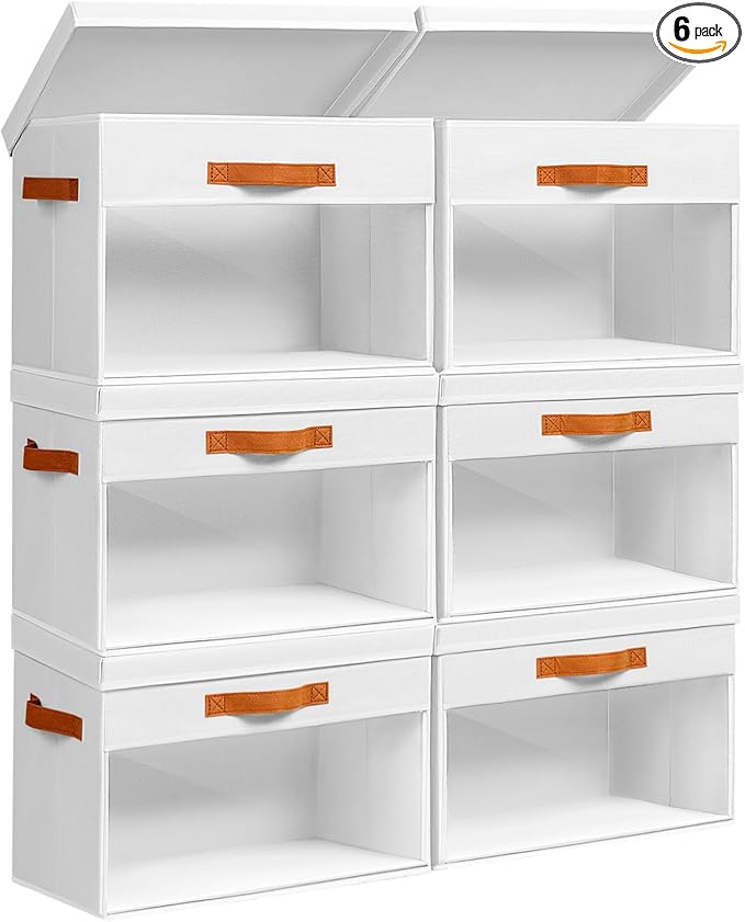 Large Storage Bins with Lids - 6 Pack Foldable Decorative Organizers with Clear Windows & Handles, Cube Storage Organizers for Clothes, Blankets, Sweaters, CD, White