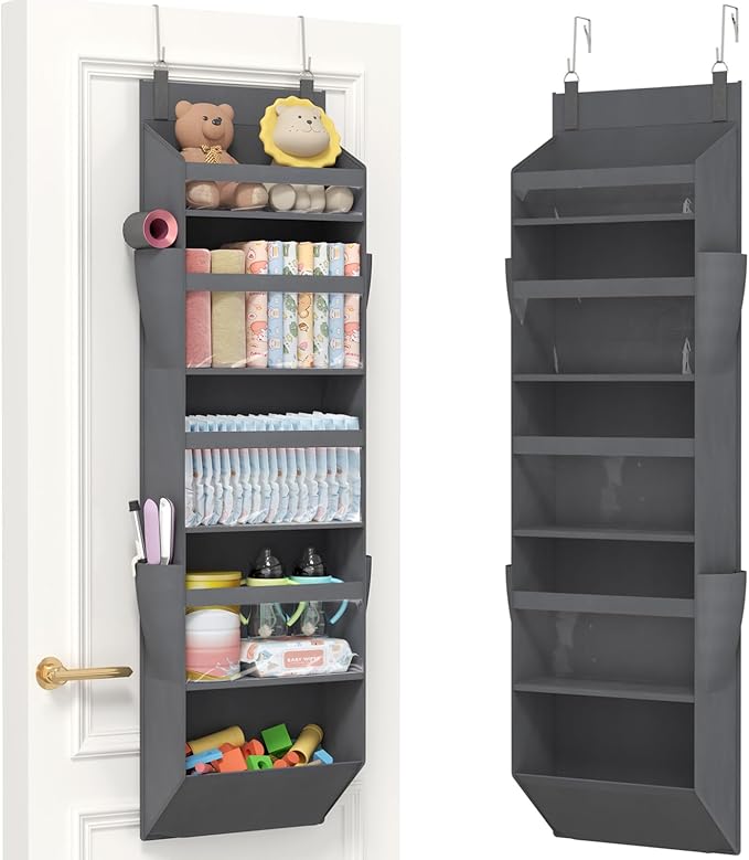 Lifewit 1 Pack Over the Door Organizer, Clear Window Hanging Storage with 4 Mesh Side Pockets, Anti Tilt 40 lbs Load Behind Door for Pantry, Nursery, Bathroom, Bedroom, Dorm, 5 Section, Gray