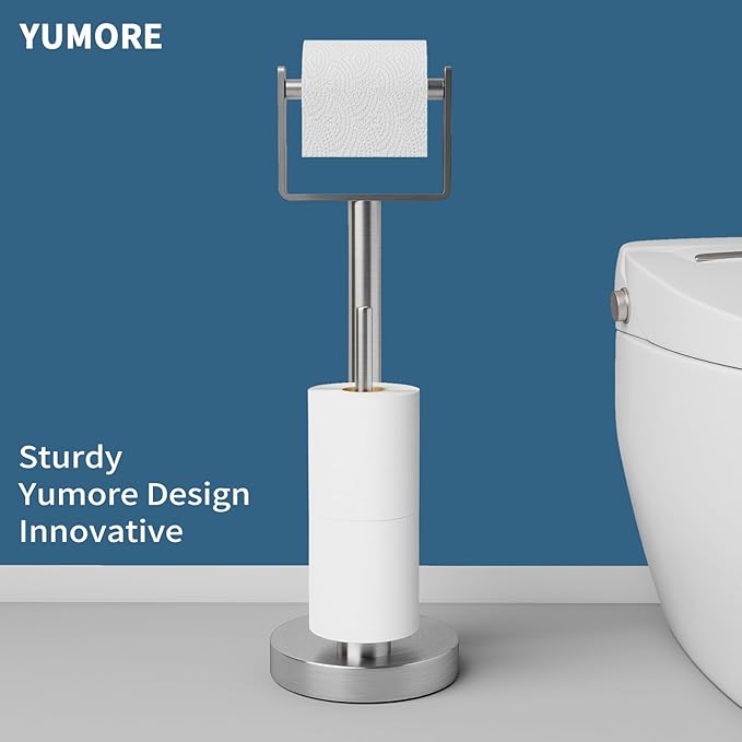 YUMORE Toilet Paper Holder Stand with Storage, Bathroom Weighted Base Floor Toilet Paper Roll Holder Free Standing for 3 Rolls, Brushed Nickel