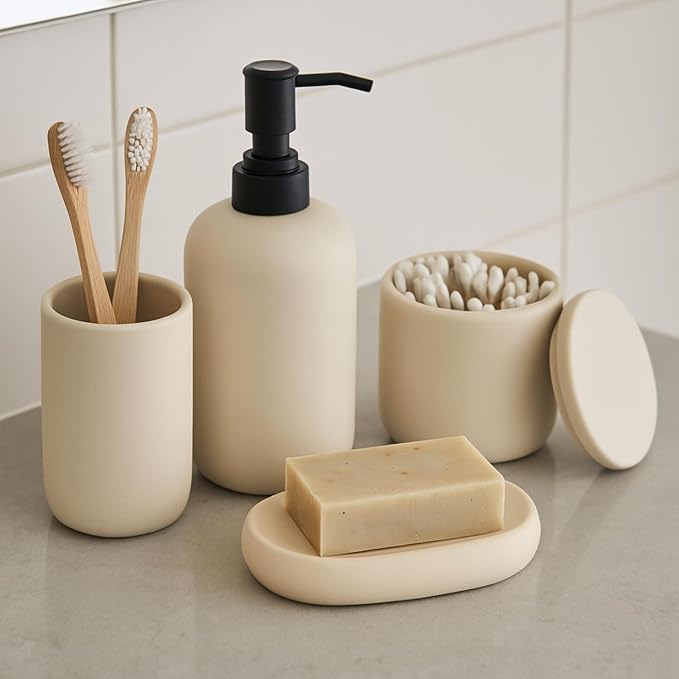 Ceramic Bathroom Accessories Set 4 Pcs – Modern Scandinavian Neutral Bathroom Soap Dispenser Set with Toothbrush Holder, Soap Dish & Cup – Minimalist Bathroom Accessory Set Decor - Cream/Light Beige