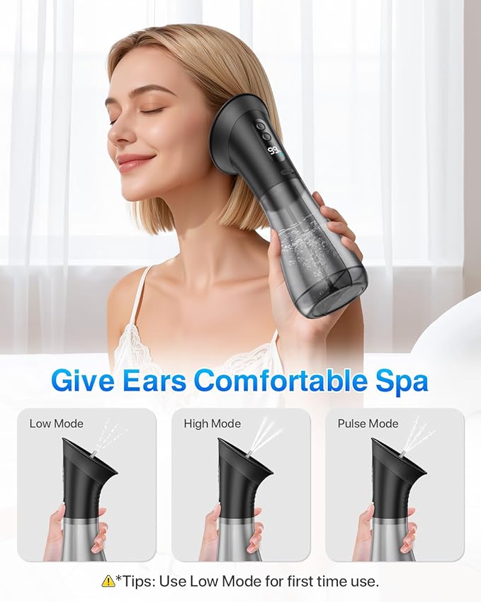 Electric Ear Wax Removal with One-Piece Waste Tank and Smart Display, 3 Targeted Modes, 230ml Detachable Tank, 12 Nozzles -Ear Cleaning Kit IPX7
