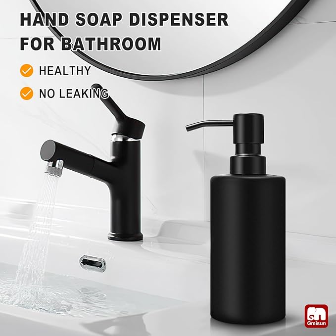 GMISUN Black Soap Dispenser, Hand Soap Dispenser for Bathroom, Dish Dispenser for Kitchen, 12 fl oz/350ml Glass Soap Bottle with Stainless Steel Pump, Modern Refillable Liquid Lotion Dispenser