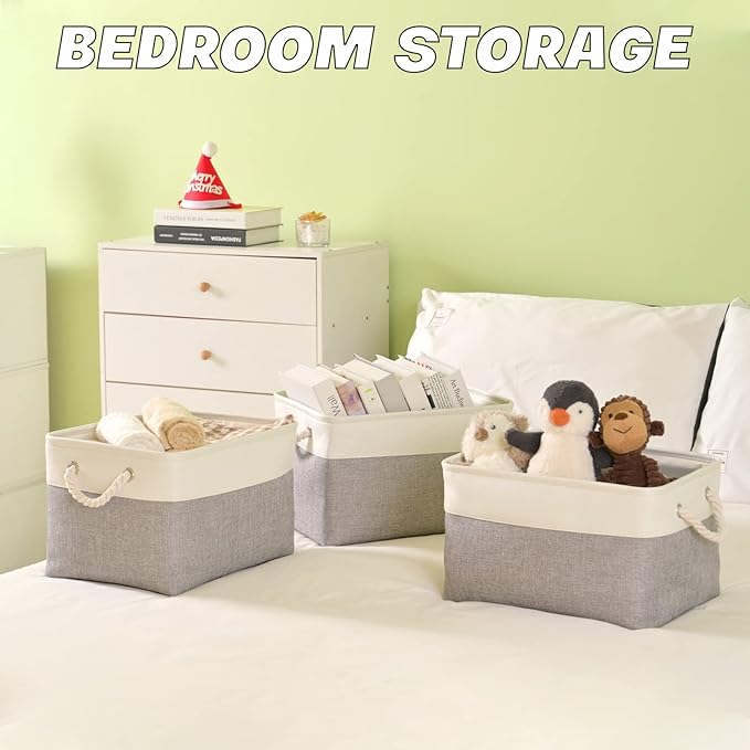 Storage Bins 3 Pack, Fabric Storage Basket for Collapsible Medium Canvas Storage Baskets for Organizing Shelf Nursery Home Closet with Cotton Rope Handle 15(L) x 11(W) x 9.5(H) inch(White&Grey-3PCS)