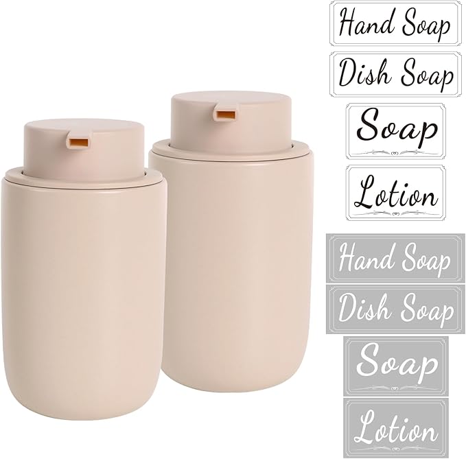 BosilunLife Foaming Soap Dispenser Set - Khaki Ceramic Foam Hand Dispenser 12oz Soap Dispenser Set with Rust Proof Pump, 4Pcs Clear Stickers for Kitchen, Bathroom - 2 Pack