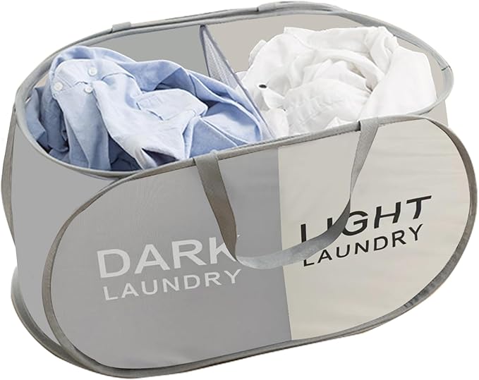 Collapsible Pop Up Laundry Hamper 2 Section, Folding Cloth Hamper Sorter Basket Organizer for Bedroom, Laundry Room, Dorm