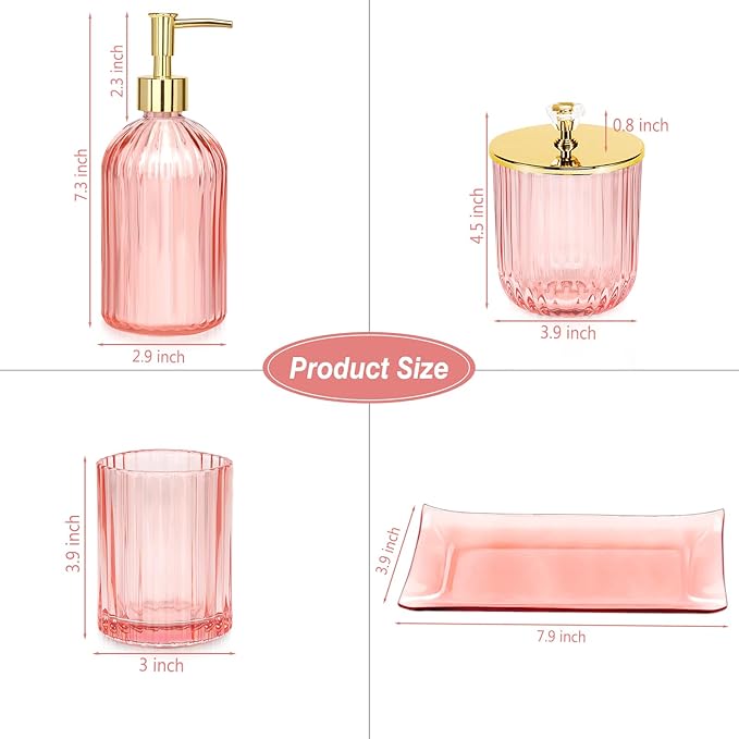 Jenseits Pink Bathroom Accessories Set, 4 Pcs Glass Bathroom Accessory Sets, Soap Dispenser, Toothbrush Holder, Qtip Holder, Vanity Tray, Housewarming Dorm Apartment Decor Home Essentials Gift For Her