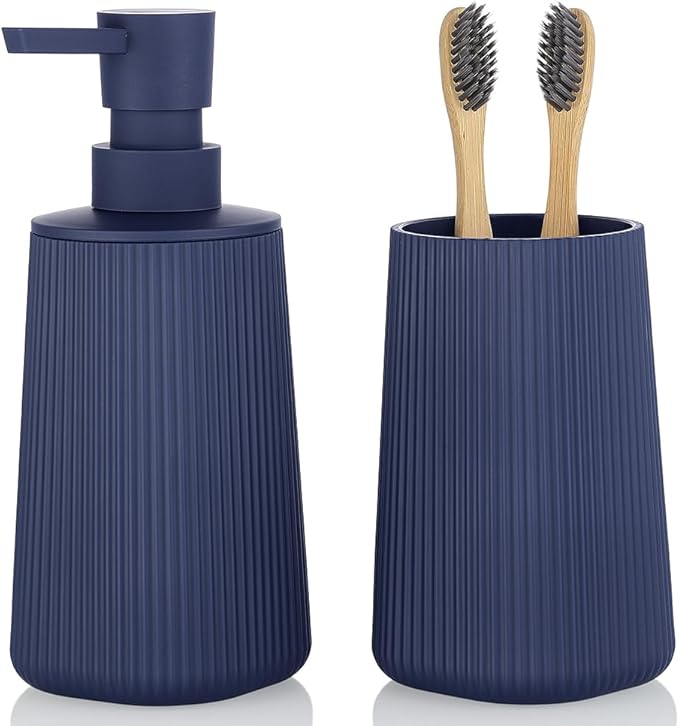 Bathroom Accessories 2 Piece Soap Dispenser and Toothbrush Holder Set Striped Blue